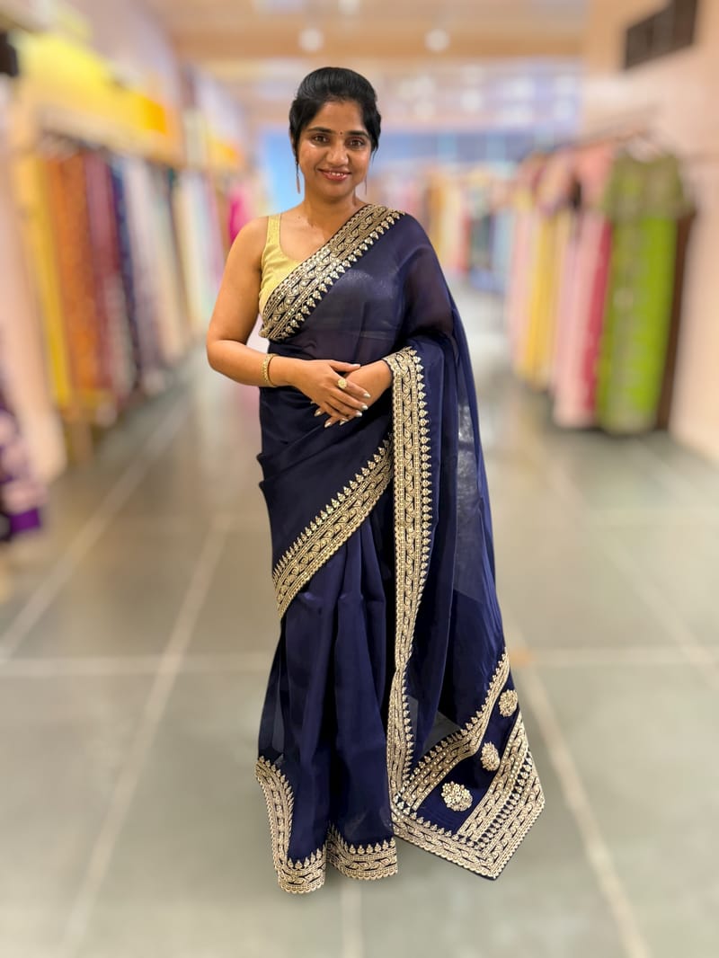 Navy Blue Pure Organza Saree with sabyasachi borders and blouse SS50290