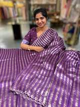 Brinjal Handloom Mul Tissue Stripes Saree with fusion blouse SS50410