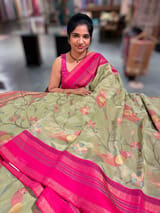 Sage Green Tissue Gorgette Fusion Saree with vidarbha Borders