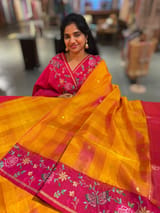 Mustard checks vintage style Kanchi Soft Silk Saree with petite point embroidered border SS50132