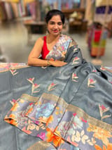 Elephant Grey Tussar Dhupion Saree with Floral printed mashru borders SS50463