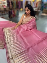 Blush Pink Pure Organza With Temple Embroidered Border & Tussar Printed Blouse SS50298