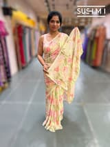 Pastel yellow printed georgette saree with handwork : S62F195