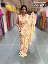 Pastel yellow printed georgette saree with handwork : S62F195