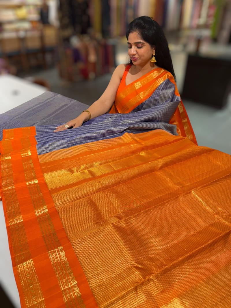 Blue & Orange Combo Vintage Checks Gap Border Kanjeevaram Saree SS50167