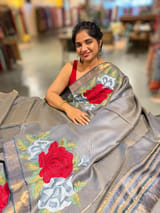 Navy Tussar Brocade Saree With Statement Red Rose Embroidery. SS50468