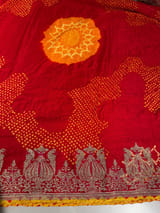 Orangish Red Designer Rai Bandhej Saree With Embroidered Border SS50484