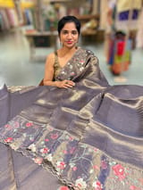 Dark violet Pure Tissue Saree with embroidered border