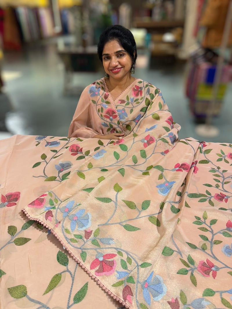 Peach Pink Tissue georgette saree with allover jamdani inspired embroidery