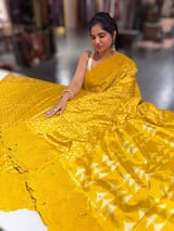 Mustard Cambodian–inspired Ikkat Silk Saree with cutwork Rose Border SS50345