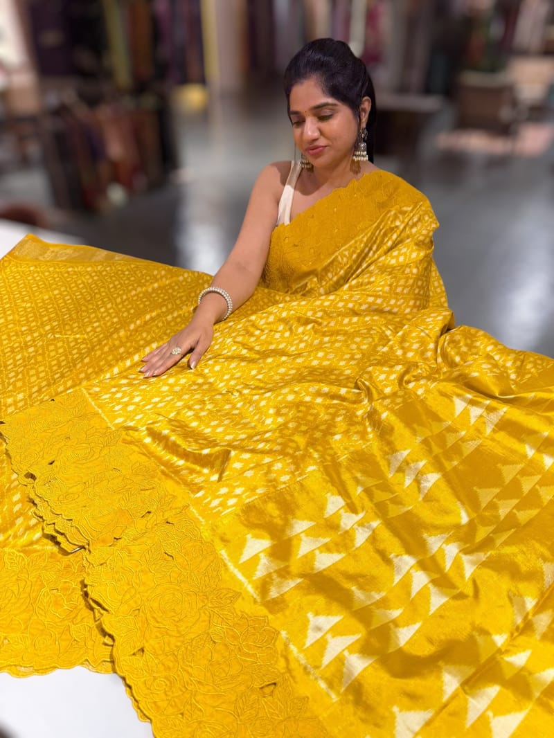 Mustard Cambodian–inspired Ikkat Silk Saree with cutwork Rose Border SS50345
