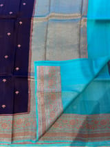 Purplish navy with blue Combo Pure Handloom premium Kora Banarasi  Saree