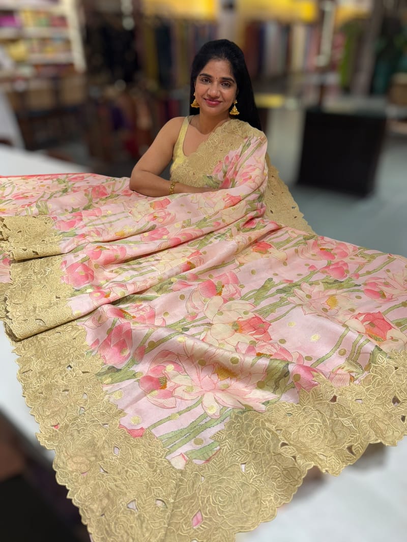 Baby Pink Banarasi Munga Printed Tussar Khaddi With Tissue cutwork Rose Border SS50464