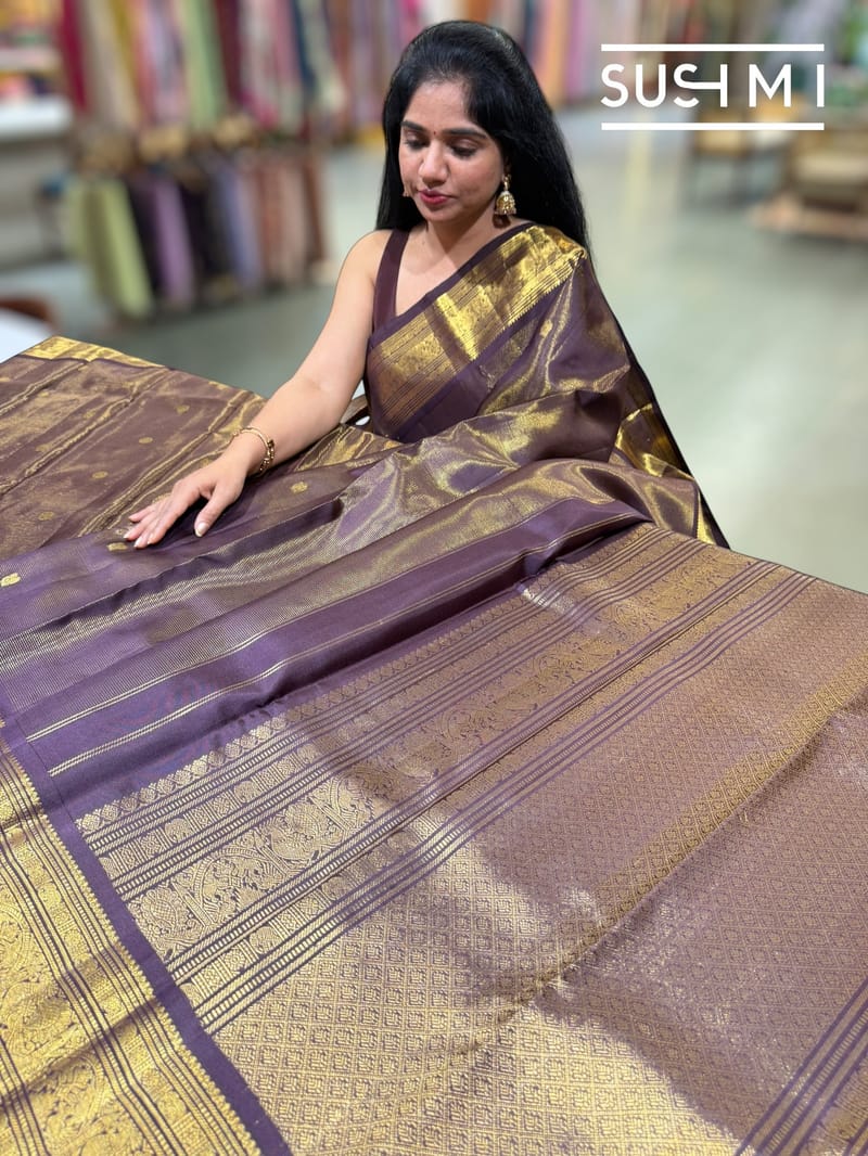 Darkbrown & Violet dual tone vaira oosi stripes Vintage Kanjeevaram Saree : S62F119
