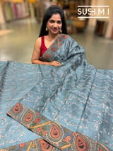 Dusty blue Silk kota and pen kalamkari fusion saree with pita emb