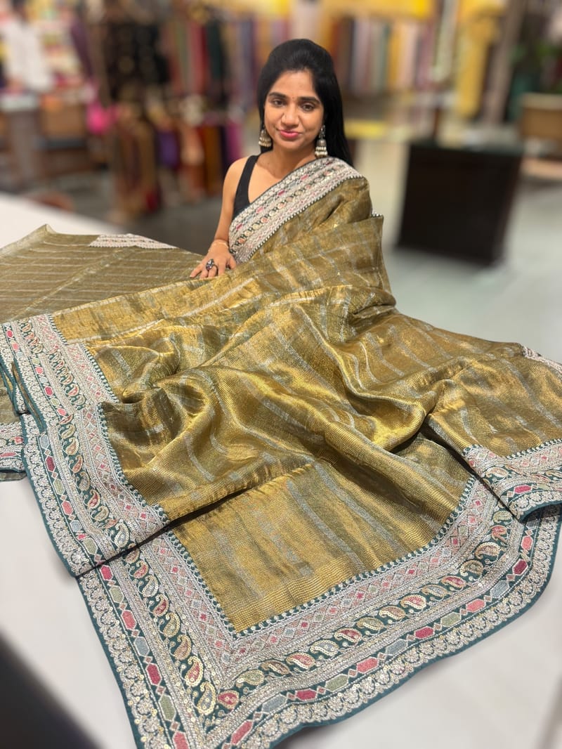 Forest Green Antique Gold base Tissue checks Saree with sabhyasachi borders SS50411