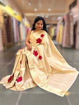 Ivory Kanjeevaram Brocade Saree With Hibiscus Floral bunches embroidery SS50195