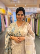 Silverish Tone Pure Organza Saree With Embroidered Motifs & Tussar Printed Blouse SS50300