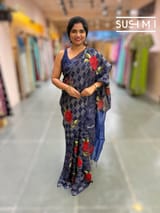 Midnight Blue muslin tissue checks saree with hibuscus emb