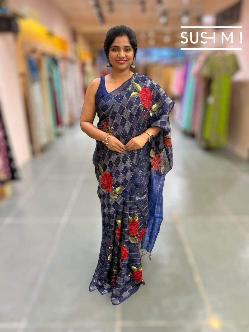Midnight Blue muslin tissue checks saree with hibuscus emb
