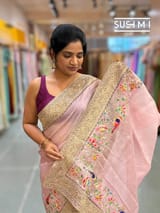 Dusty Pink Organza Banarasi Fusion Saree with Bird Appliqué