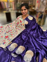 Brinjal Pure Satin Saree with embroidered border and blouse SS5022