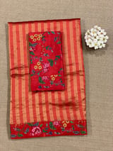 Orangish Red Banarasi Tissue stripes Saree with petite point embroidery SS50214