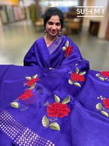 Purple Muslin Saree with Pocket Sequins & Hibiscus Embroidery