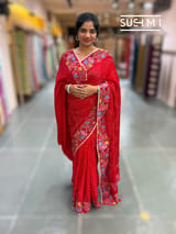 Bright Red Pure Gajji Silk Rai bandhej Saree with petite point embroidery