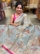 Dusty Blue Banarasi printed Tissue saree with handwork D62F055