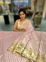 Lilac Pink Mul Tissue Stripes Saree With Tissue Cutwork  Border & Blouse