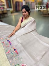 Muted Earthy Dove tone Organza Banarasi Fusion Saree with Bird Appliqué