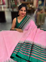 Lotus Pink Ponduru Khadi Saree  in 80’s Count with Kanchi Style Emerald Green borders