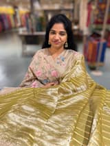 Lime Green Pure Handloom Tissue Saree with pure Tussar embroidered border SS50240