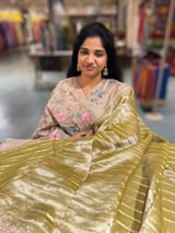 Lime Green Pure Handloom Tissue Saree with pure Tussar embroidered border SS50240