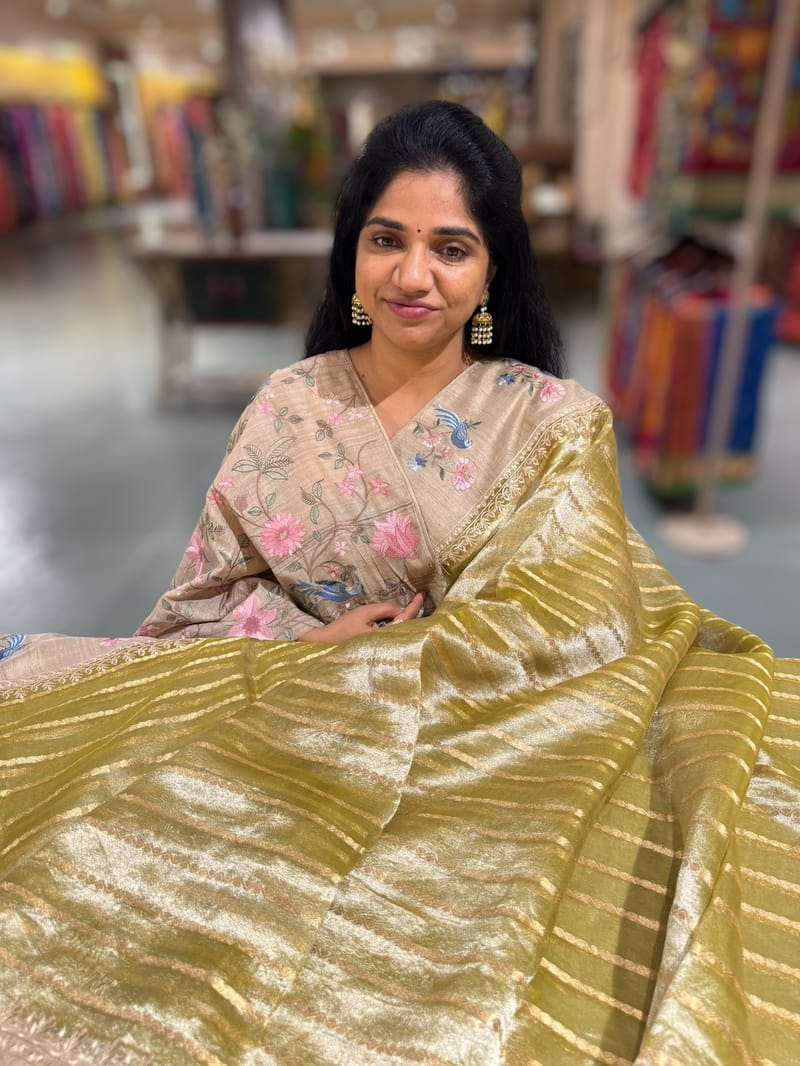Lime Green Pure Handloom Tissue Saree with pure Tussar embroidered border SS50240