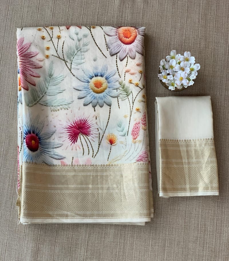Ivory Pure Handloom Chiniya Silk Saree with stunning Floral Print and zari borders SS5099