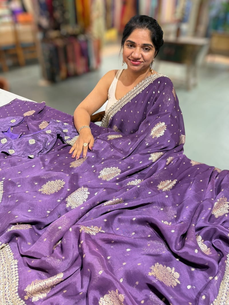 Violet Tissue Georgette Saree heavy handwork border paired with ready to wear blouse SS50426