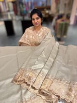 Earthy Tone Mul Tissue Stripes Saree With Tissue Cutwork  Border & Blouse