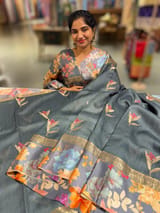 Elephant Grey Tussar Dhupion Saree with Floral printed mashru borders SS50463
