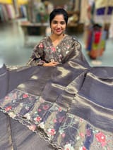 Dark violet Pure Tissue Saree with embroidered border