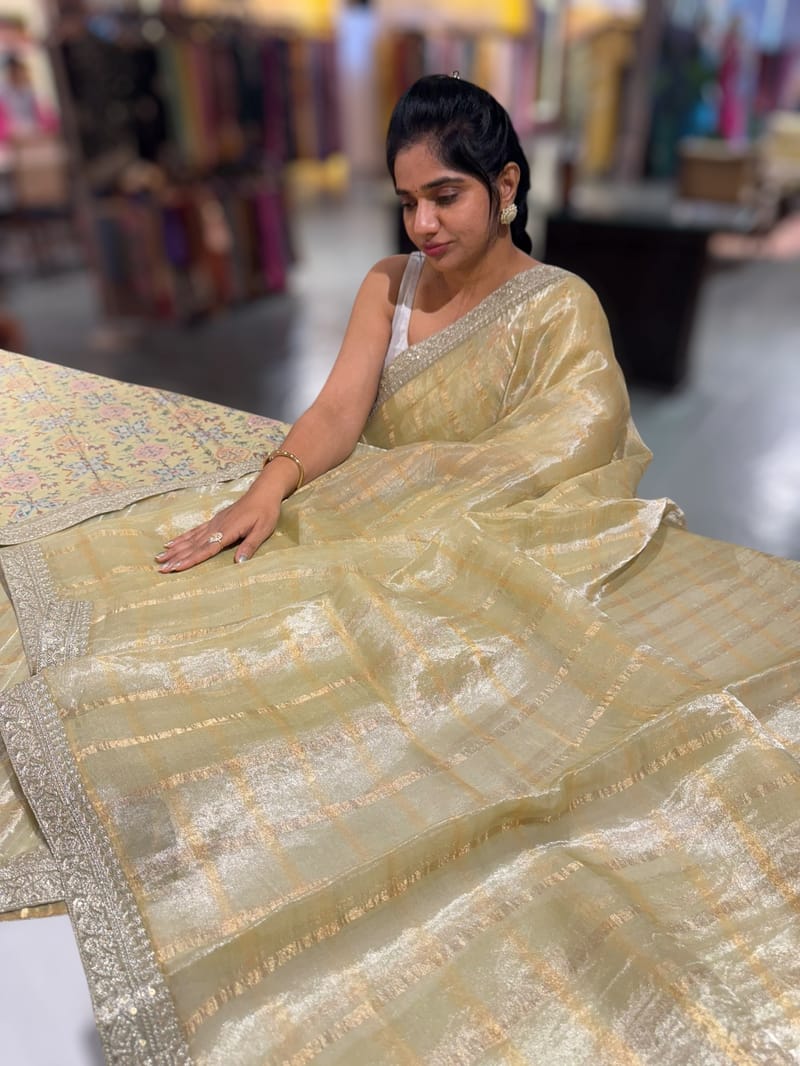 Pista Tissue checks Saree with sabhyasachi borders SS50414