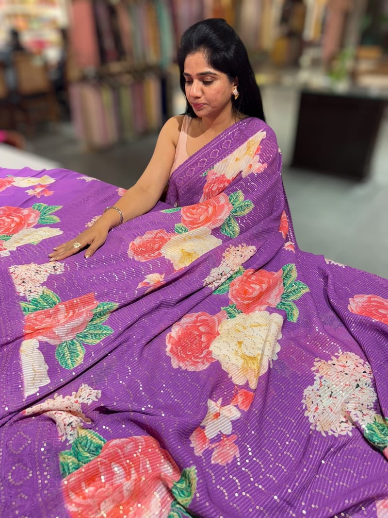 Purple georgette sequence saree with statement floral print SS5046