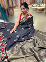 Black mysore silk with embroidered border S62F115