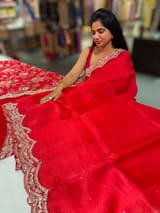 Chilli Red Pure Organza Handwork Saree with heavy Designer Blouse