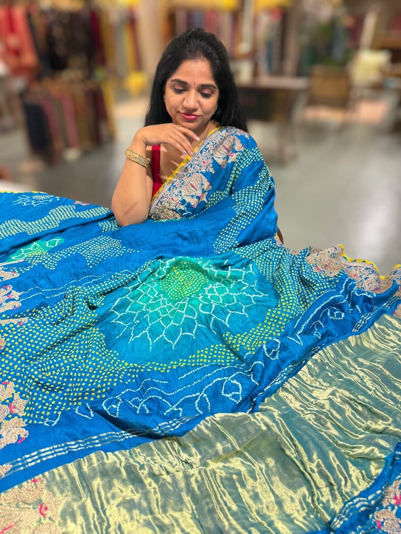 Copper Sulphate Blue Designer Rai Bandhej Saree With Embroidered Border SS50485