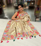 Beigish Taupe Green Kanchi Brocade Tissue Saree with Petite Point Embroidered Border SS50141