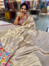 Beigish Taupe Green Kanchi Brocade Tissue Saree with Petite Point Embroidered Border SS50141