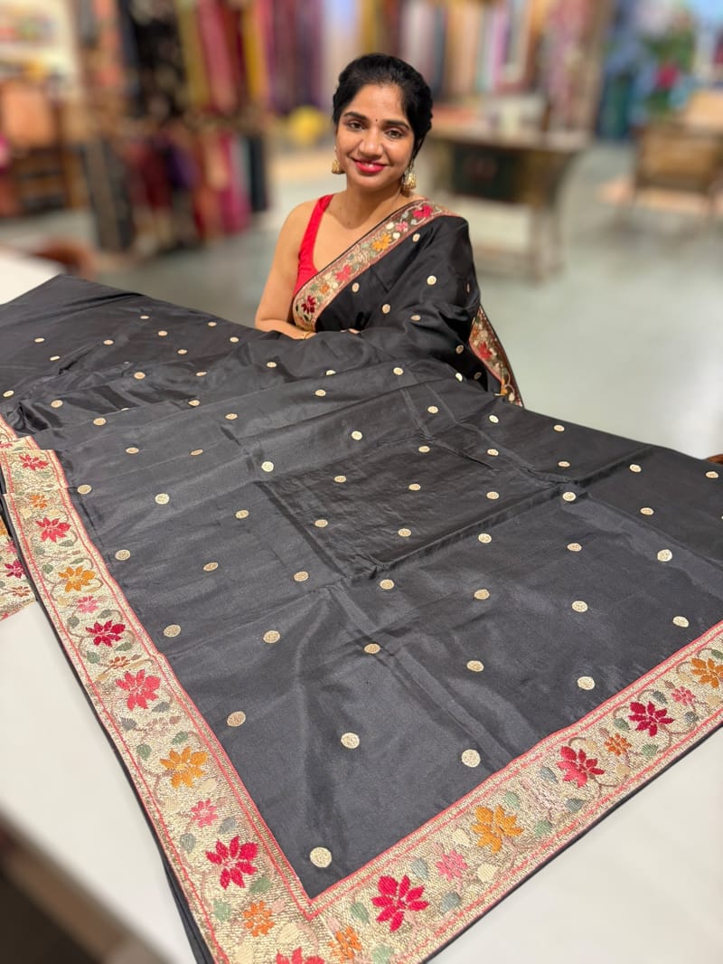 Black Kanchi soft silk saree with pythani and jamdani inspired embroidery SS50133