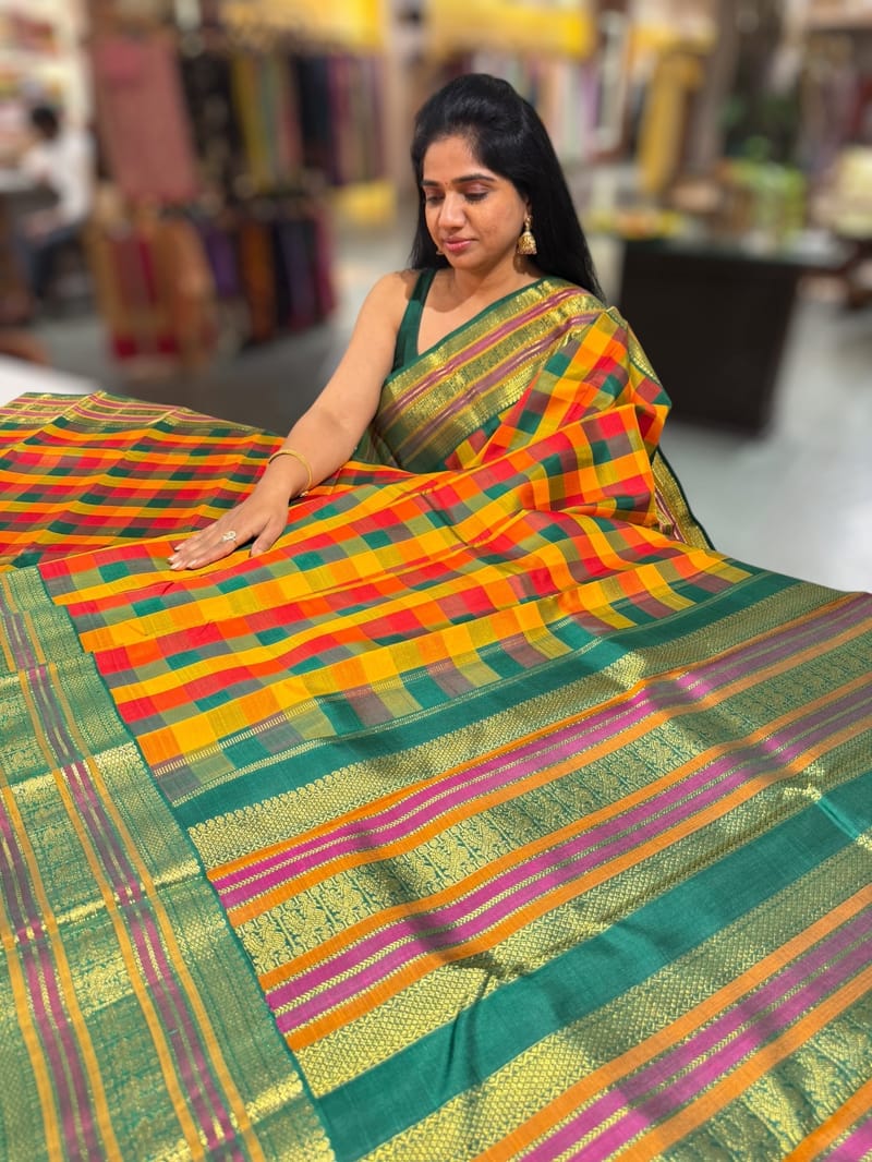 Multi color checks kanjeevaram saree